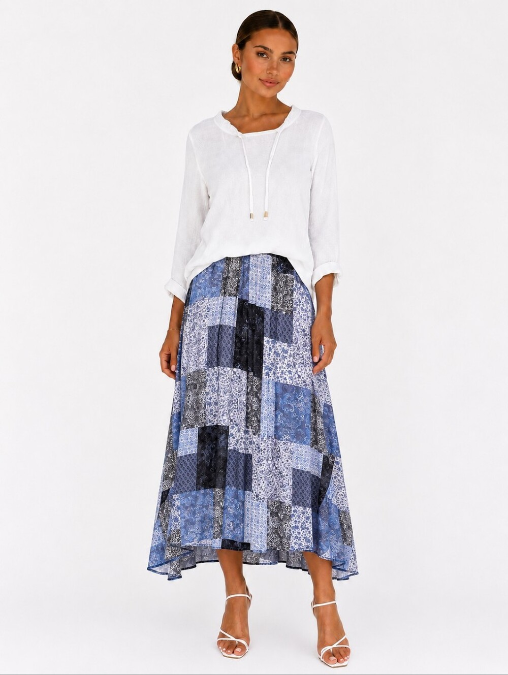 Arizona Jean Co Patchwork Print Tiered Maxi Skirt Junior'S Size Medium Blue